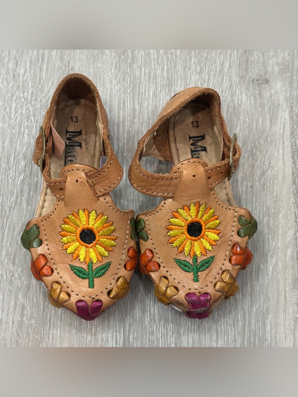 Baby Girls 3/4 Leather Sunflower Embroidered Kids Sandals